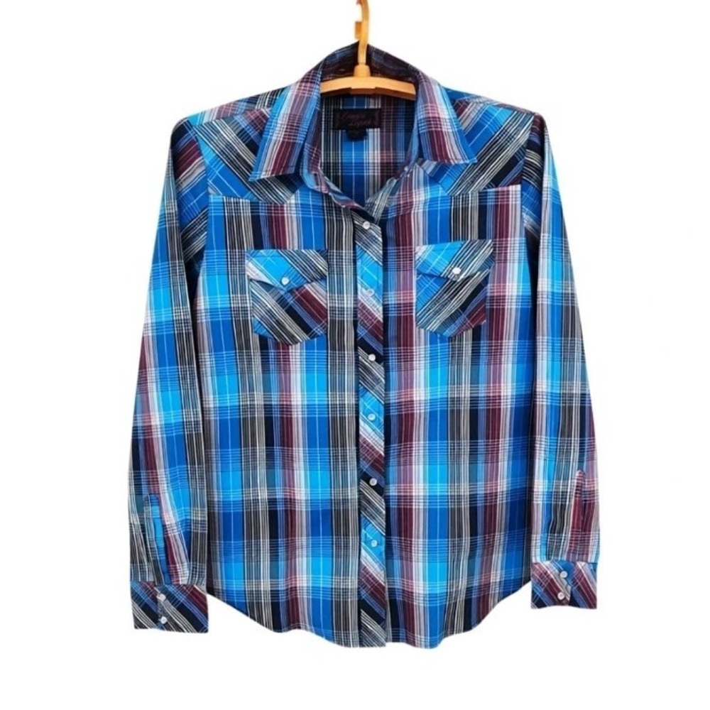 Cowgirl Legend Metallic Plaid Western Pearl Snap Long Sleeve‎ Shirt Women's XL